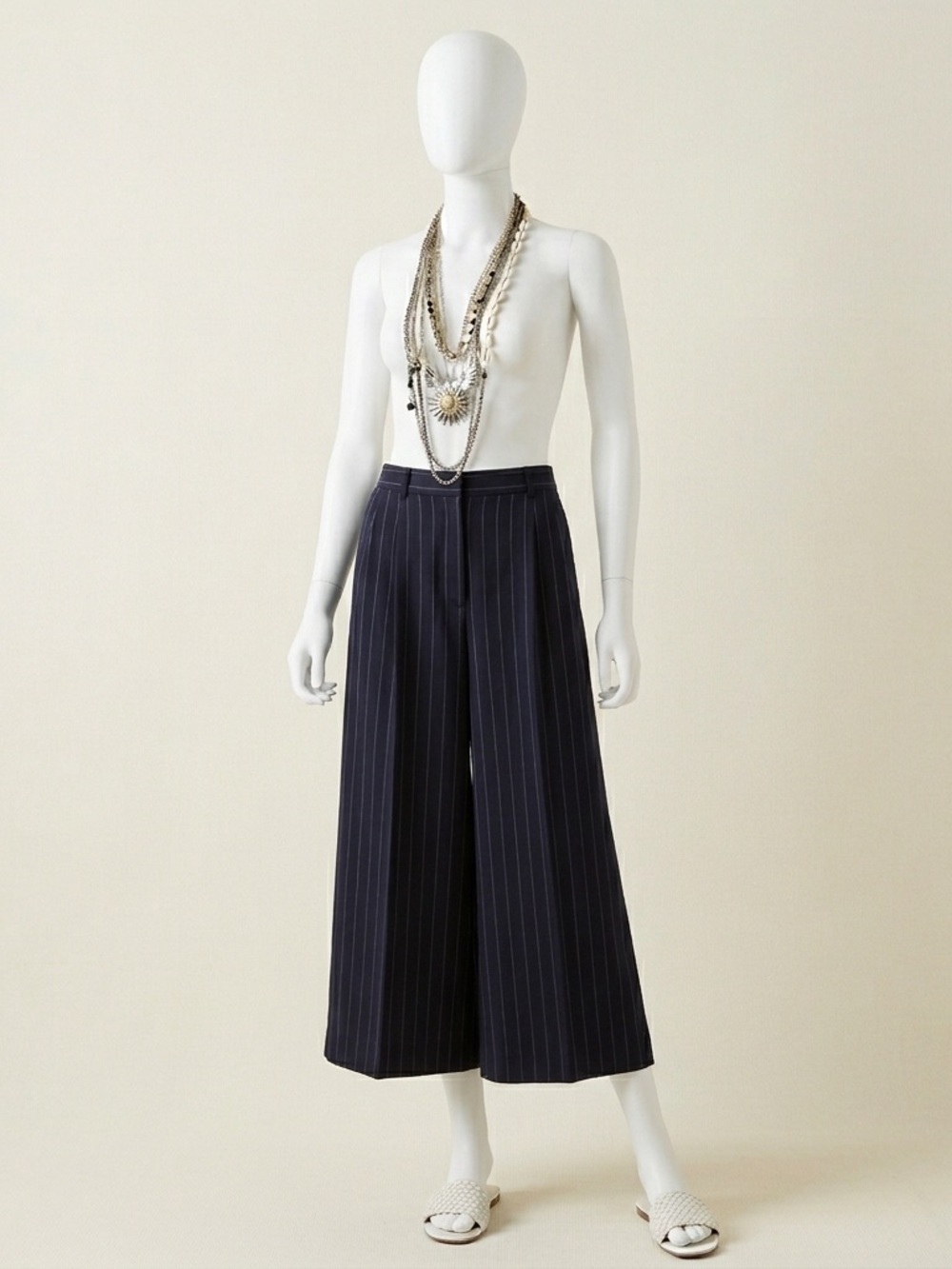 Tommy Hilfiger Navy Pinstripe Wide-Leg Cropped Pants